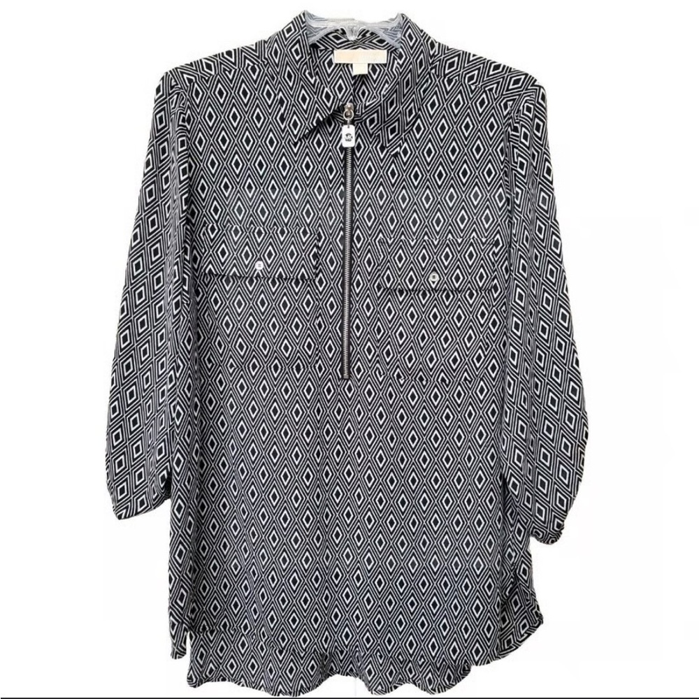 Michael Michael Kors Black & White Geo Print Zip Blouse – Size L